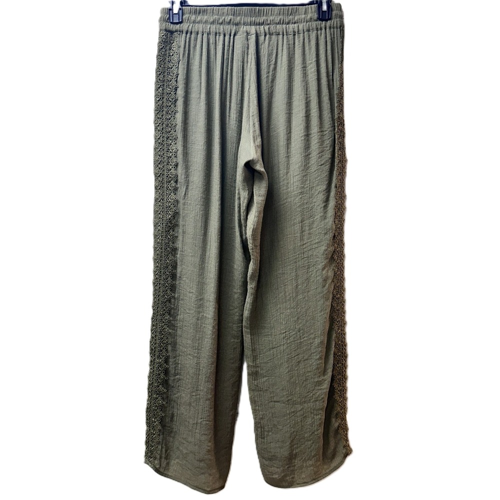 New Directions Linen Look Wide Leg Lined Pants Olive Crochet Side Trim Size M